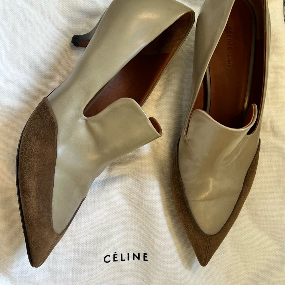 CELINE WOMENS patent leather and suede kitten heel pumps